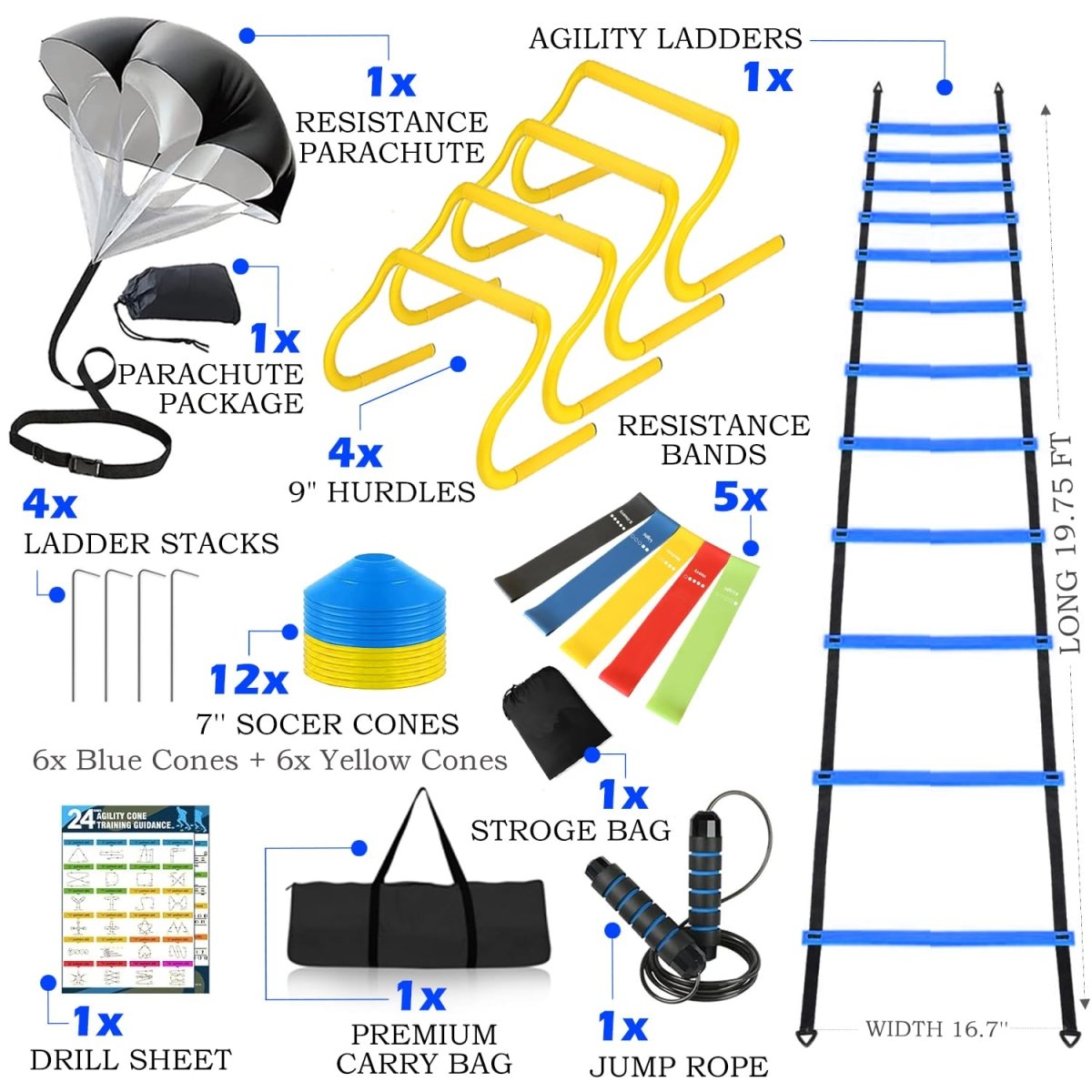 Agility Training Equipment 20FT Speed Ladder,4 Hurdles, 12 Disc Cones, Resistance Parachute, Jump Rope, 4 Resistance Bands - Your Performance Shop