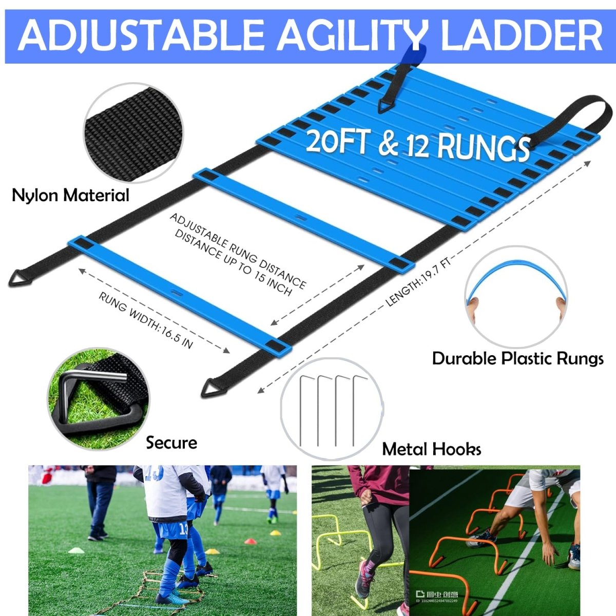 Agility Training Equipment 20FT Speed Ladder,4 Hurdles, 12 Disc Cones, Resistance Parachute, Jump Rope, 4 Resistance Bands - Your Performance Shop